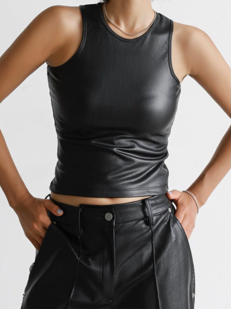 VEGAN LEATHER CROPPED SLEEVELESS TANK