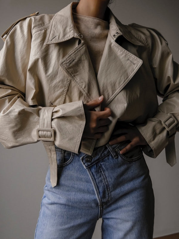 VEGAN LEATHER CROPPED TRENCH JACKET