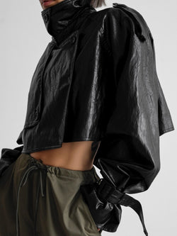 VEGAN LEATHER CROPPED TRENCH JACKET