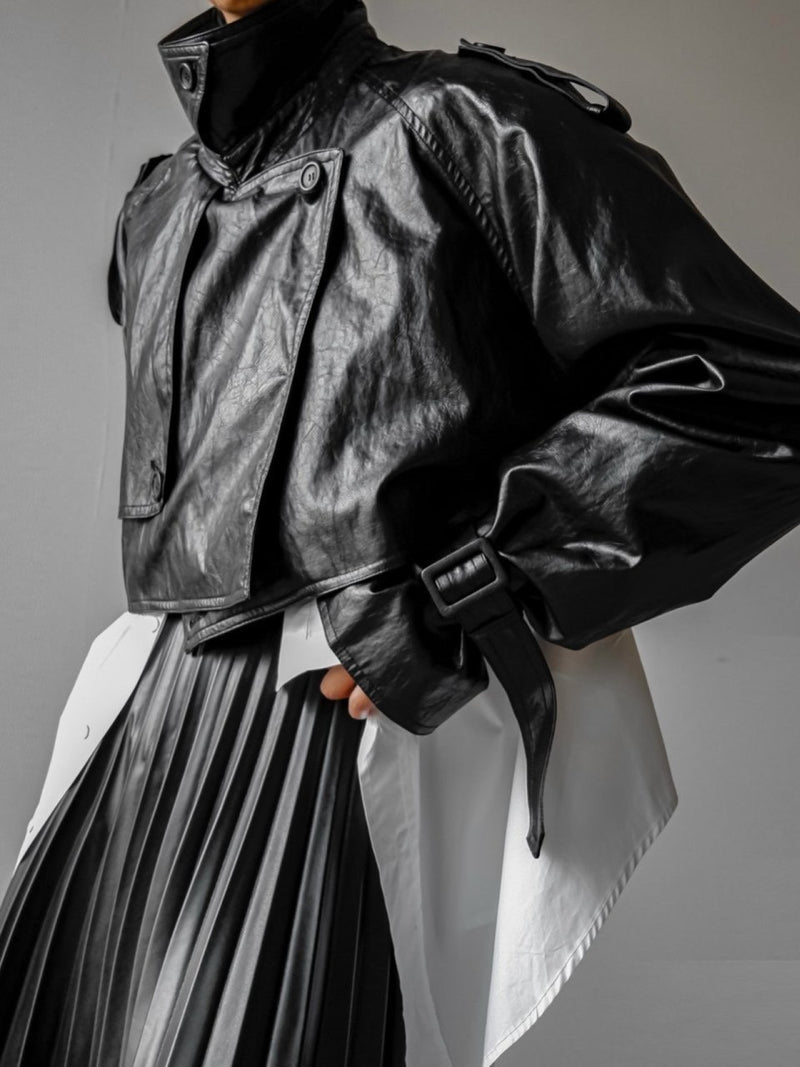 VEGAN LEATHER CROPPED TRENCH JACKET