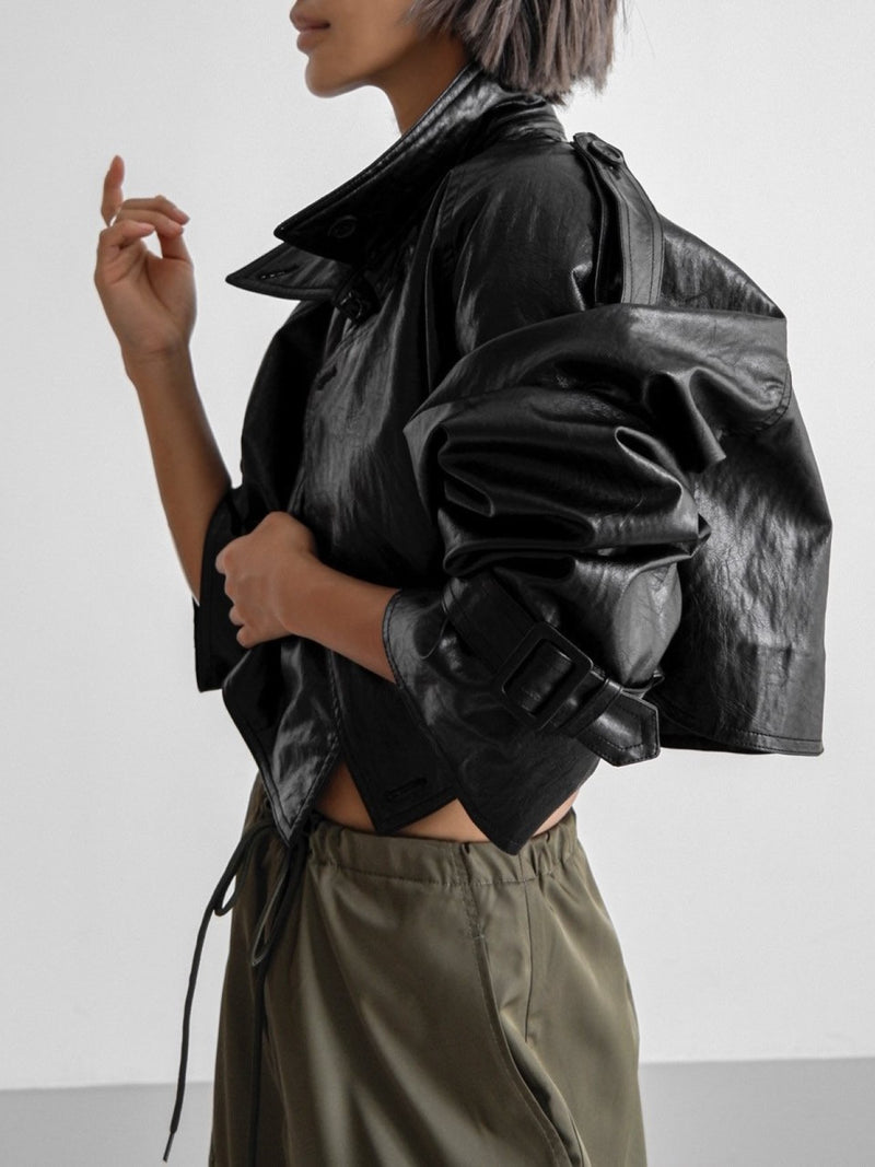 VEGAN LEATHER CROPPED TRENCH JACKET