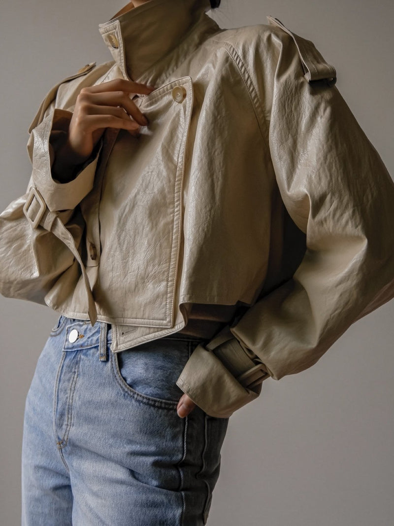 VEGAN LEATHER CROPPED TRENCH JACKET