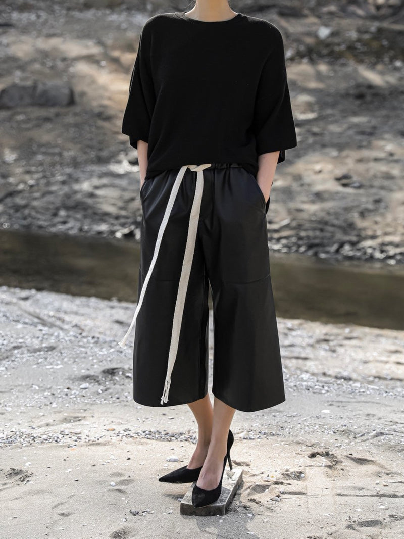 VEGAN LEATHER DRAWSTRING CULOTTE TROUSERS