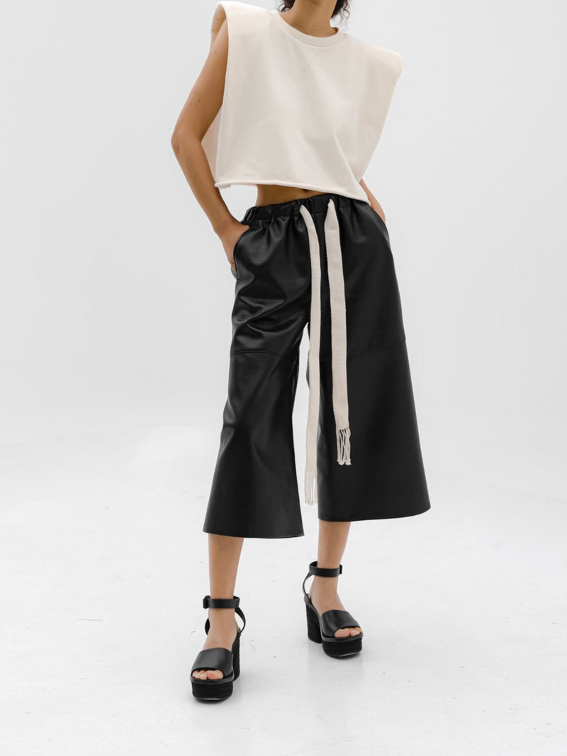 VEGAN LEATHER DRAWSTRING CULOTTE TROUSERS