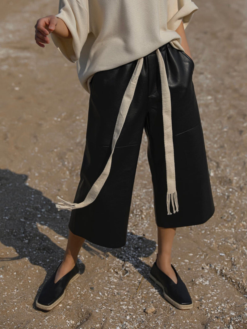 VEGAN LEATHER DRAWSTRING CULOTTE TROUSERS