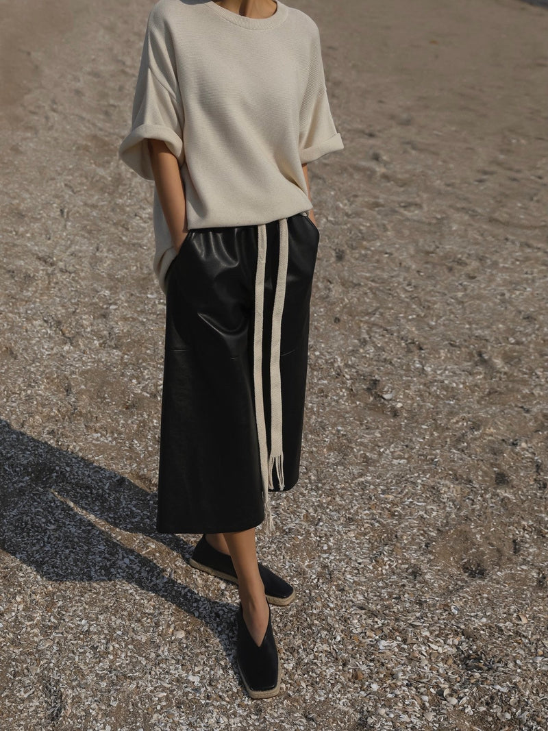 VEGAN LEATHER DRAWSTRING CULOTTE TROUSERS