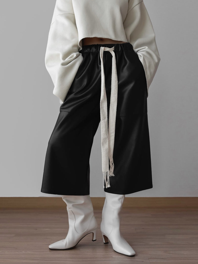 VEGAN LEATHER DRAWSTRING CULOTTE TROUSERS