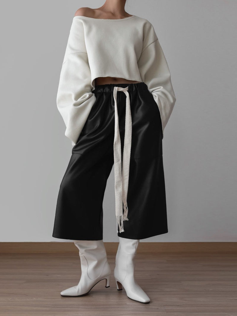 VEGAN LEATHER DRAWSTRING CULOTTE TROUSERS