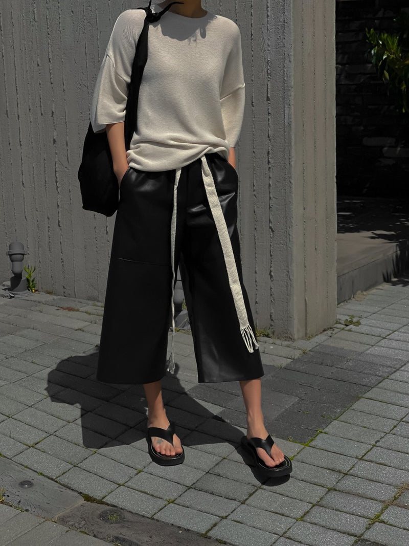 VEGAN LEATHER DRAWSTRING CULOTTE TROUSERS