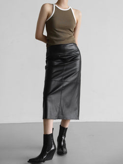 VEGAN LEATHER FLARED SKIRT WITH BACK SLIT