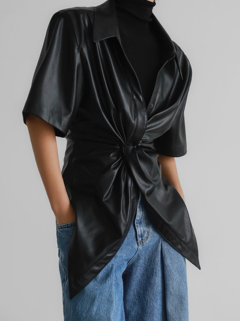 VEGAN LEATHER KNOT DETAIL BLOUSE