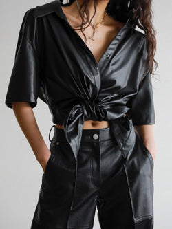 VEGAN LEATHER KNOT DETAIL BLOUSE