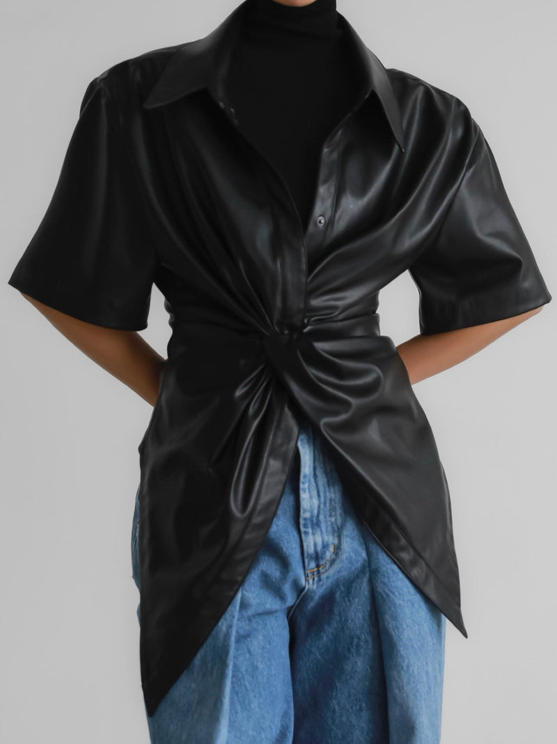VEGAN LEATHER KNOT DETAIL BLOUSE