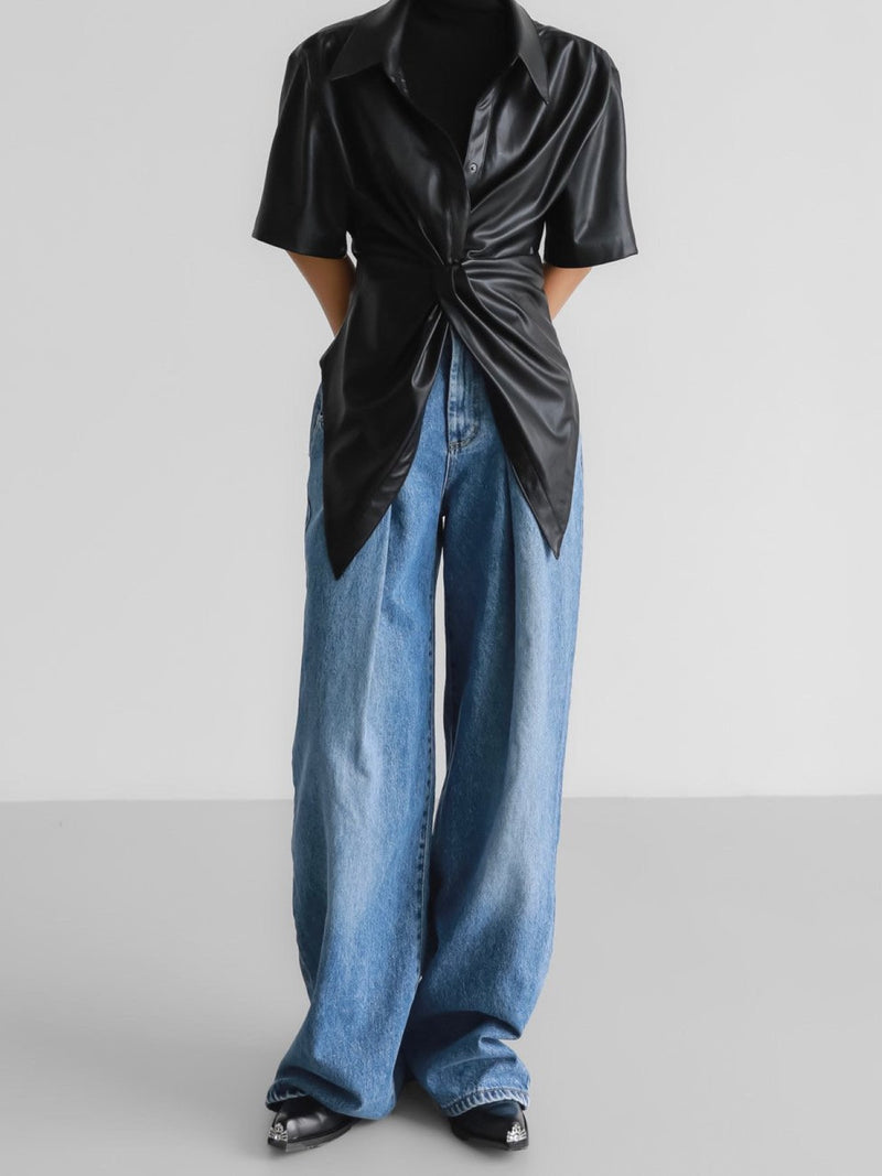 VEGAN LEATHER KNOT DETAIL BLOUSE