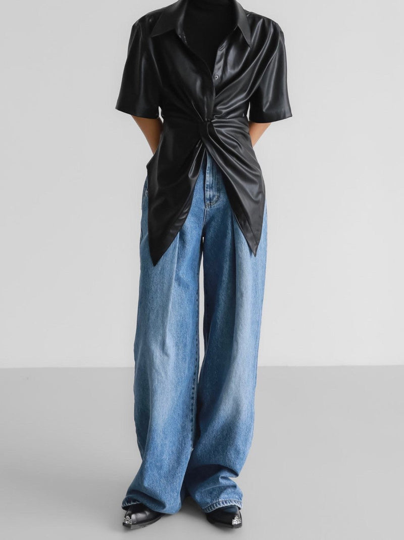 VEGAN LEATHER KNOT DETAIL BLOUSE