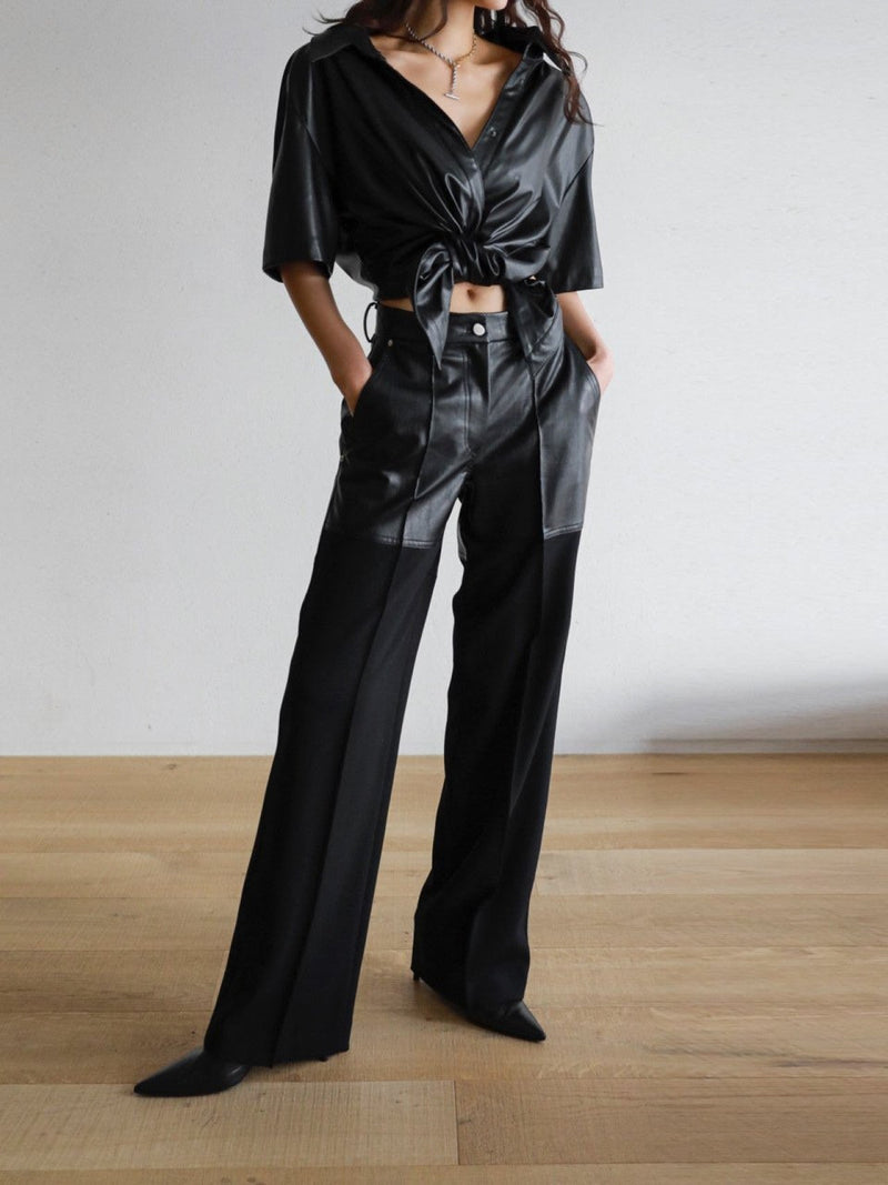 VEGAN LEATHER KNOT DETAIL BLOUSE
