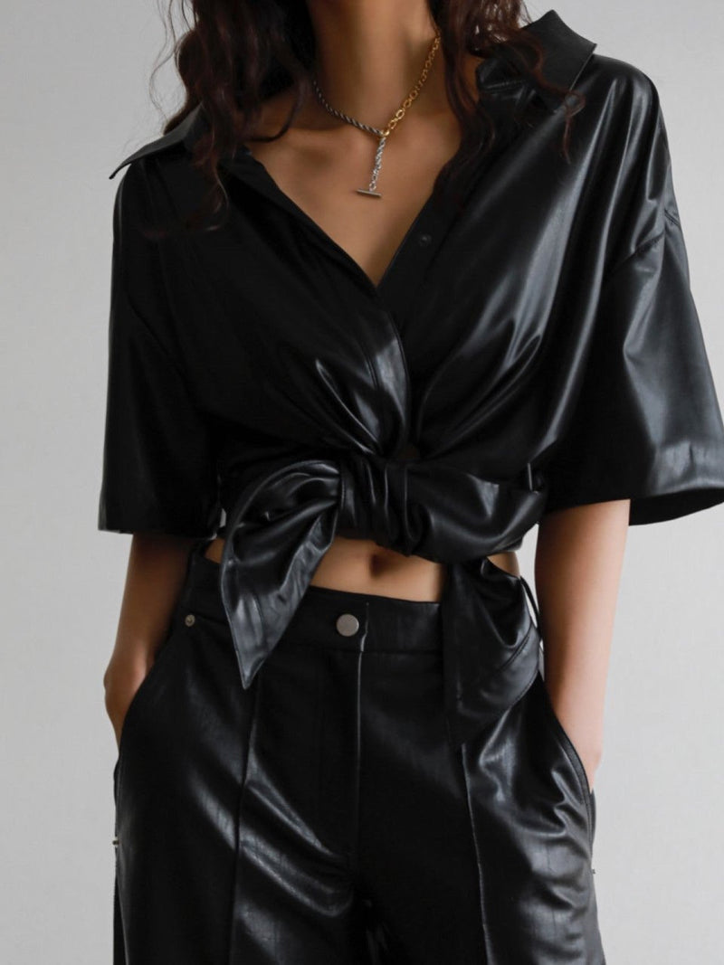 VEGAN LEATHER KNOT DETAIL BLOUSE