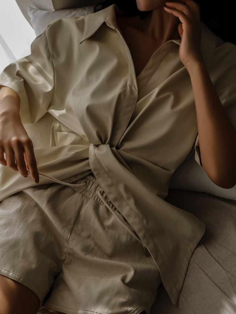 VEGAN LEATHER KNOT DETAIL BLOUSE