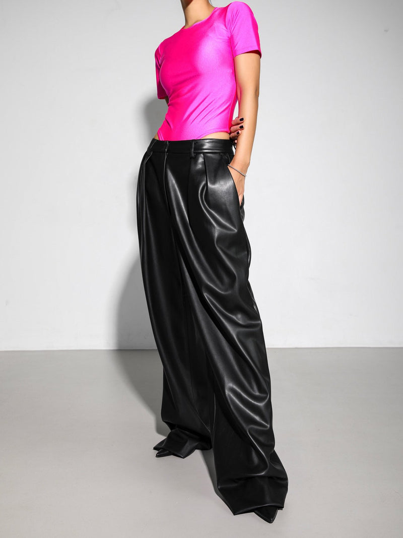 VEGAN LEATHER LOW WAISTED DOUBLE PLEATED TROUSERS