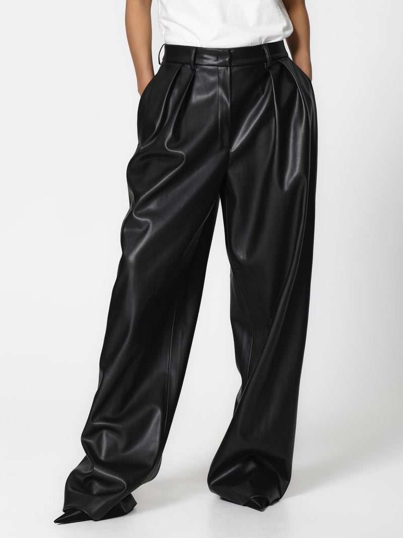 VEGAN LEATHER LOW WAISTED DOUBLE PLEATED TROUSERS