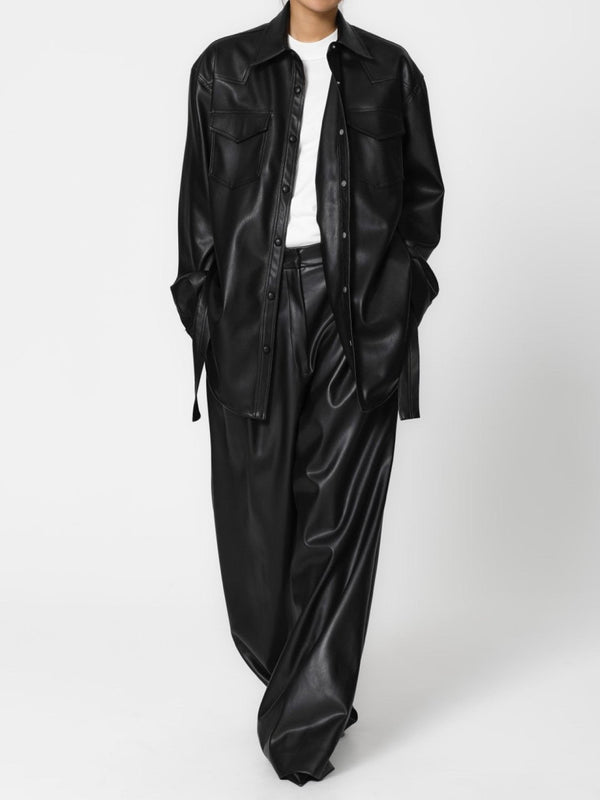 VEGAN LEATHER LOW WAISTED DOUBLE PLEATED TROUSERS