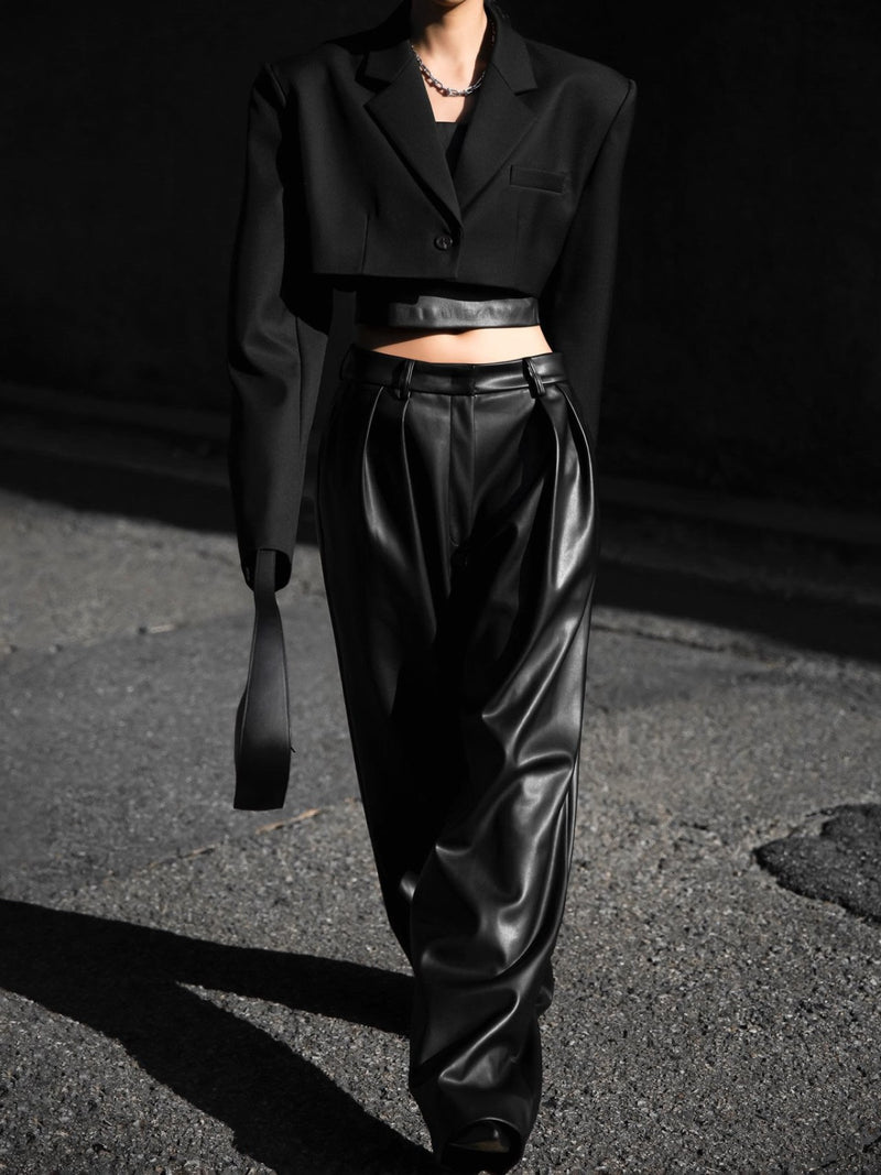 VEGAN LEATHER LOW WAISTED DOUBLE PLEATED TROUSERS