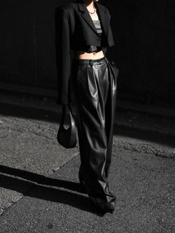 VEGAN LEATHER LOW WAISTED DOUBLE PLEATED TROUSERS