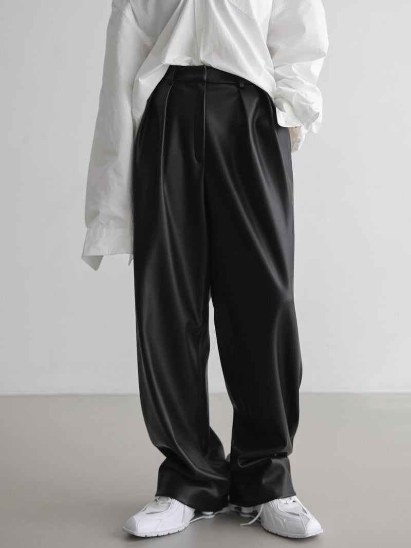 VEGAN LEATHER LOW WAISTED DOUBLE PLEATED TROUSERS