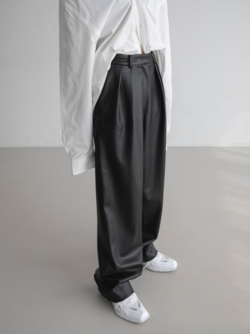 VEGAN LEATHER LOW WAISTED DOUBLE PLEATED TROUSERS