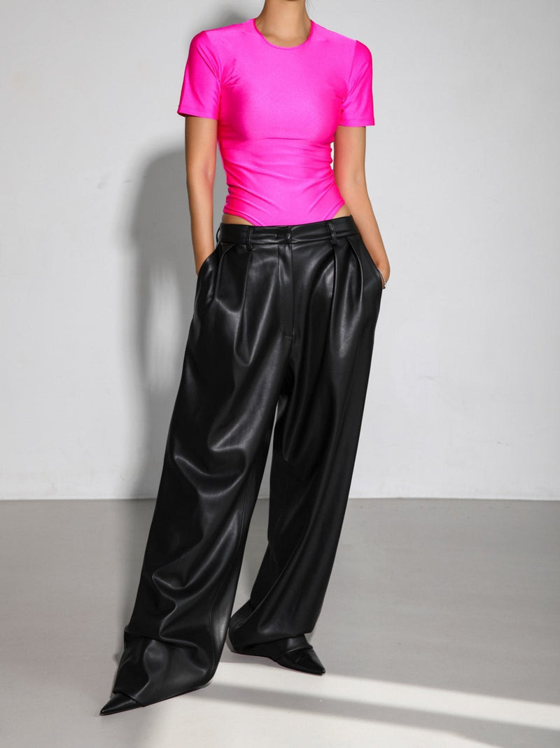 VEGAN LEATHER LOW WAISTED DOUBLE PLEATED TROUSERS