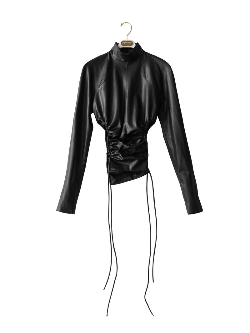 VEGAN LEATHER SIDE SHIRRED HIGH NECK TOP