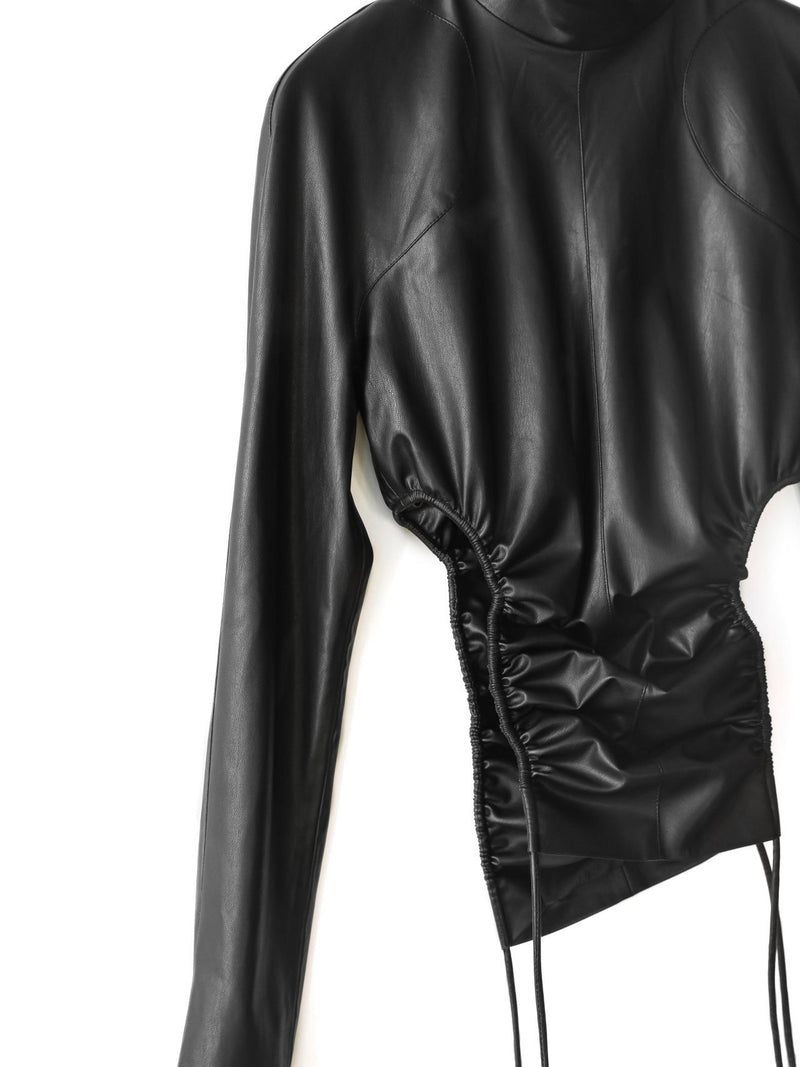 VEGAN LEATHER SIDE SHIRRED HIGH NECK TOP