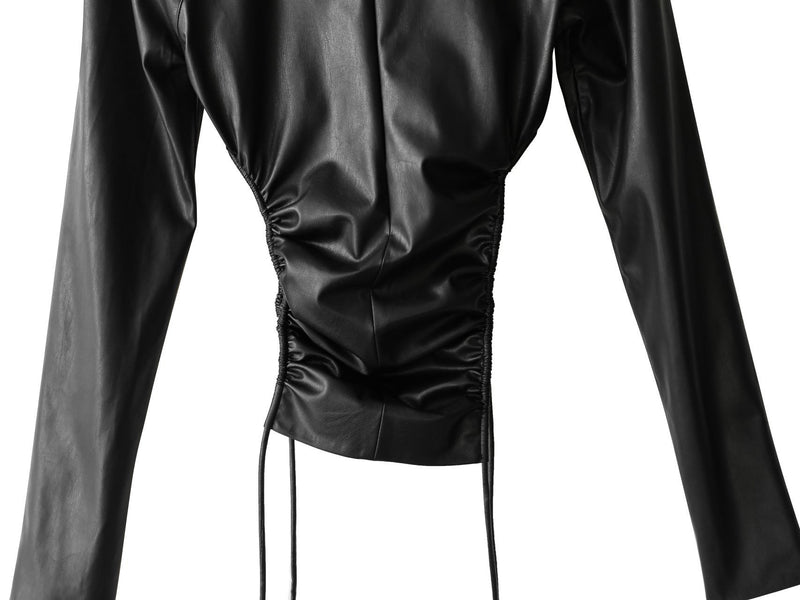 VEGAN LEATHER SIDE SHIRRED HIGH NECK TOP