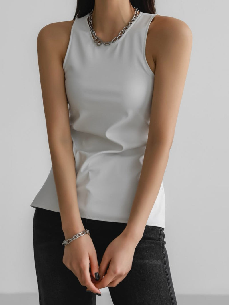 VEGAN LEATHER SLEEVELESS BACKLESS TOP