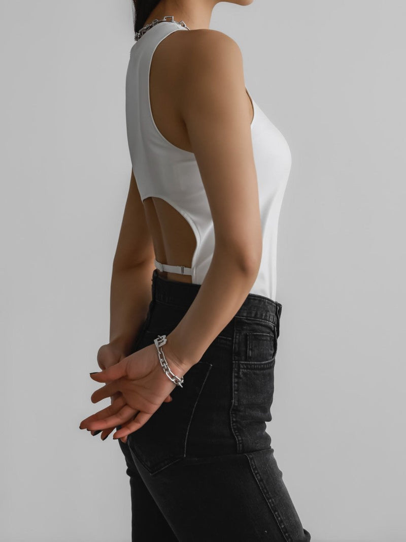 VEGAN LEATHER SLEEVELESS BACKLESS TOP