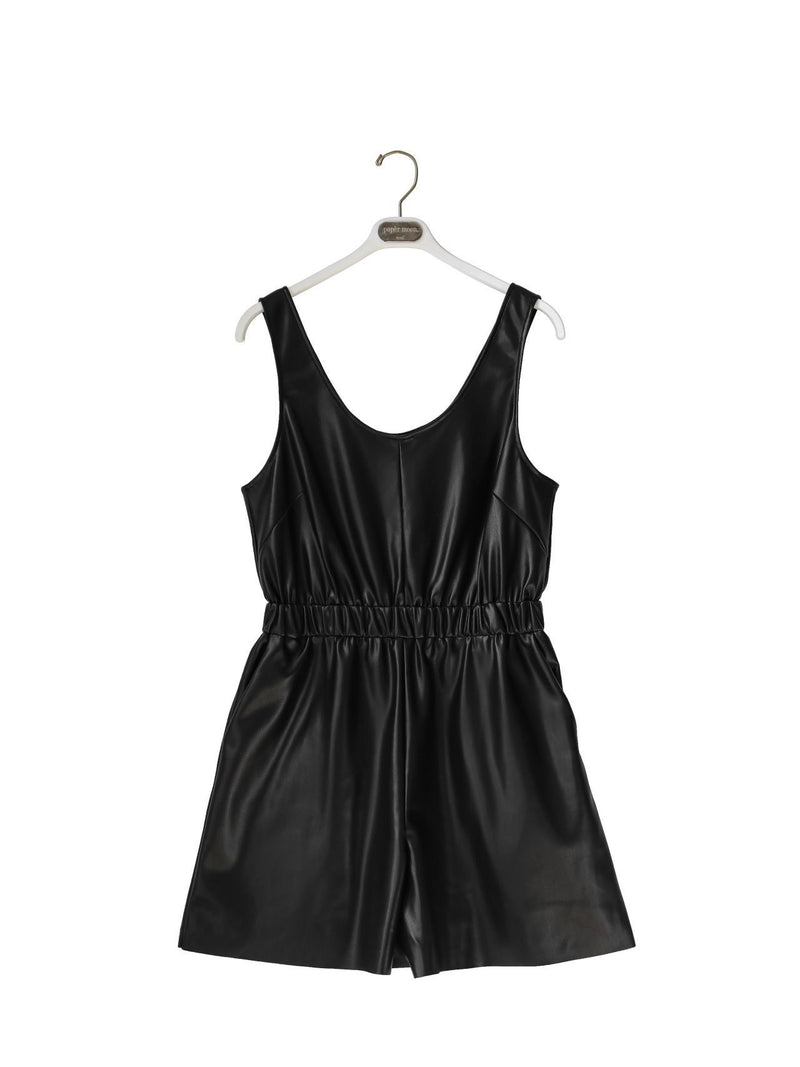 VEGAN LEATHER SLEEVELESS JUMPSUIT SHORTS