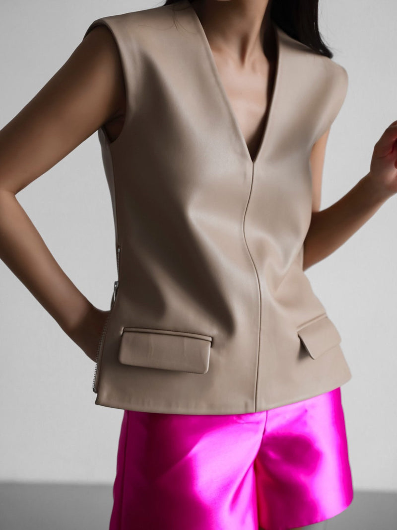 VEGAN LEATHER SLEEVELESS V NECK TOP