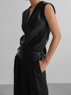 VEGAN LEATHER SLEEVELESS V NECK TOP