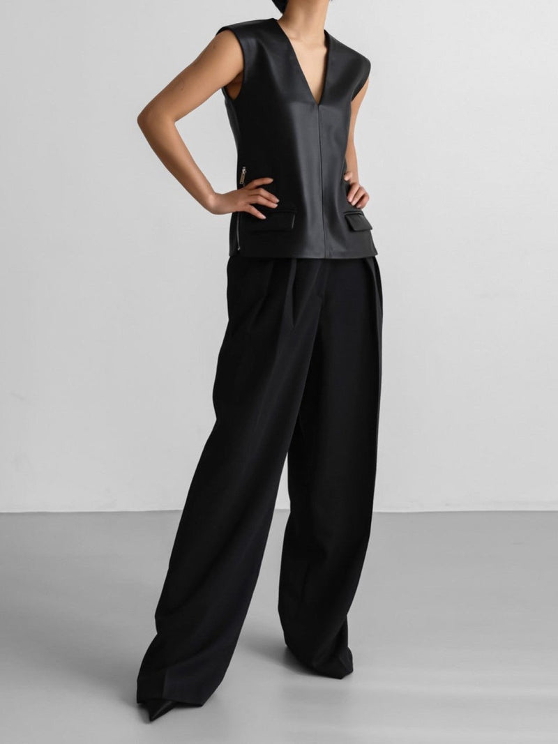 VEGAN LEATHER SLEEVELESS V NECK TOP