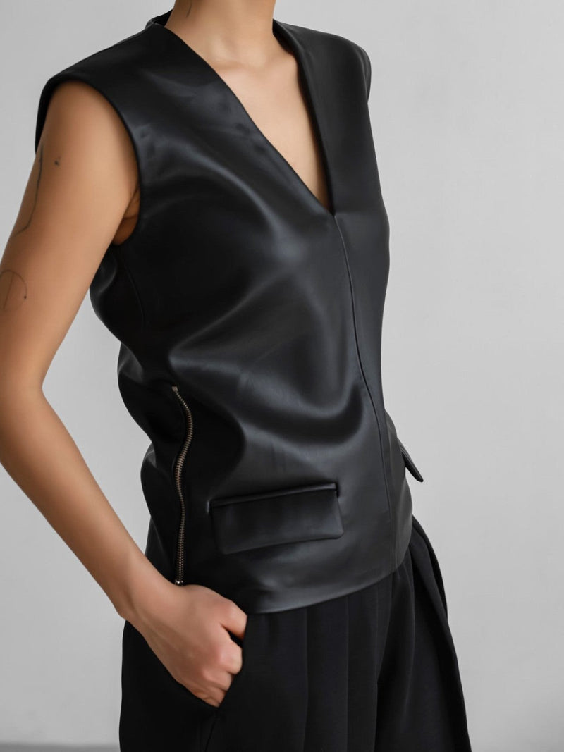 VEGAN LEATHER SLEEVELESS V NECK TOP