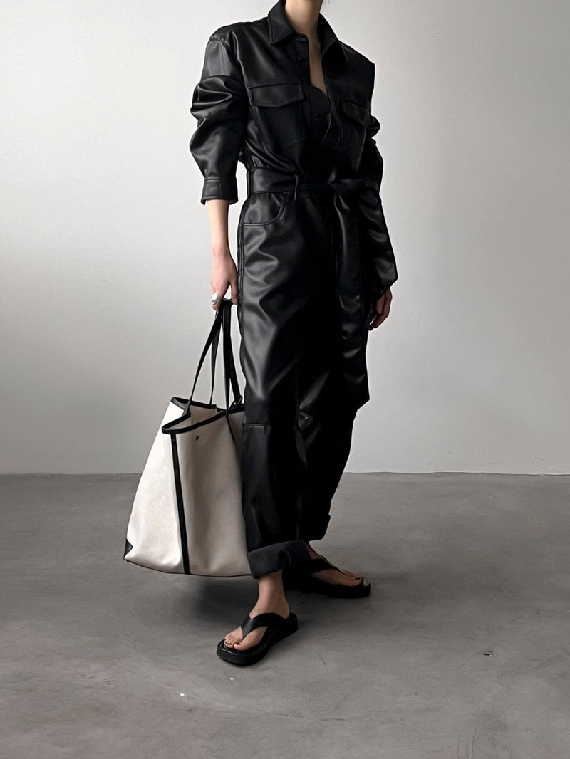 VEGAN LEATHER UTILITY JUMPSUIT