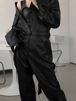 VEGAN LEATHER UTILITY JUMPSUIT