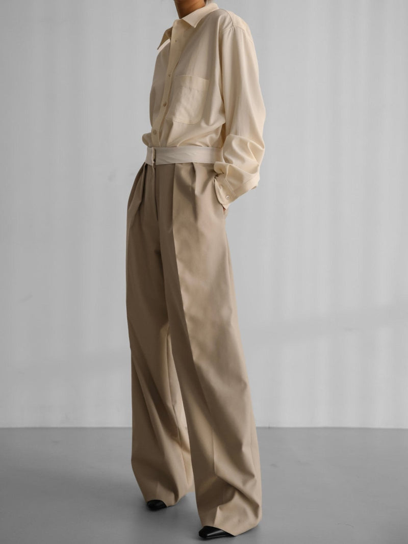 WAIST LINED DETAIL WIDE PIN TUCK TROUSERS