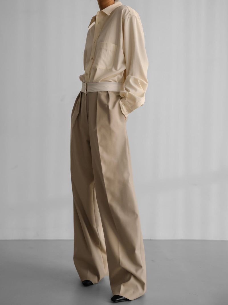 WAIST LINED DETAIL WIDE PIN TUCK TROUSERS