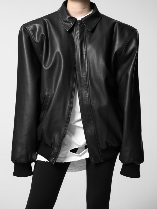 WASHED VEGAN LEATHER BOMBER JACKET