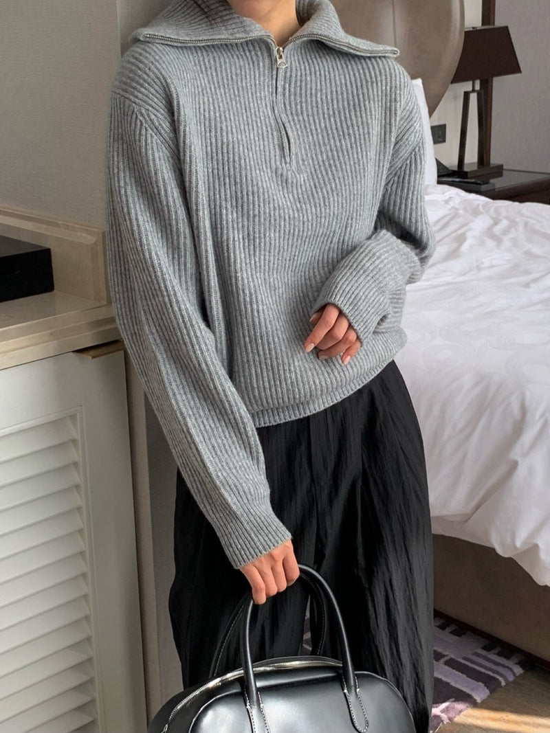 WOOL CASHMERE HALF ZIPPED COLLARED KNIT