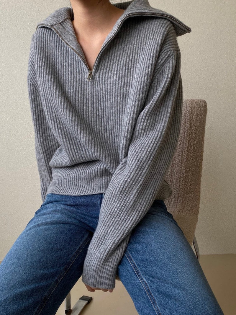 WOOL CASHMERE HALF ZIPPED COLLARED KNIT