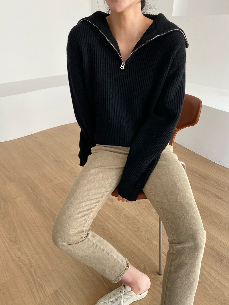 WOOL CASHMERE HALF ZIPPED COLLARED KNIT