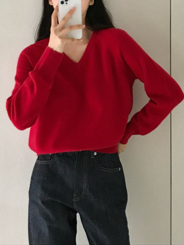 WOOL CASHMERE V-NECK TOP