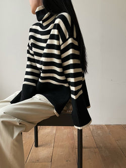 WOOL STRIPED TURTLENECK SIDE SLIT KNIT